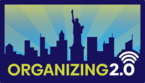 Organizing 2.0 conference logo with yellow and white lettering. New York City skyline in blue against a background of light blue, green and yellow sun streaks.