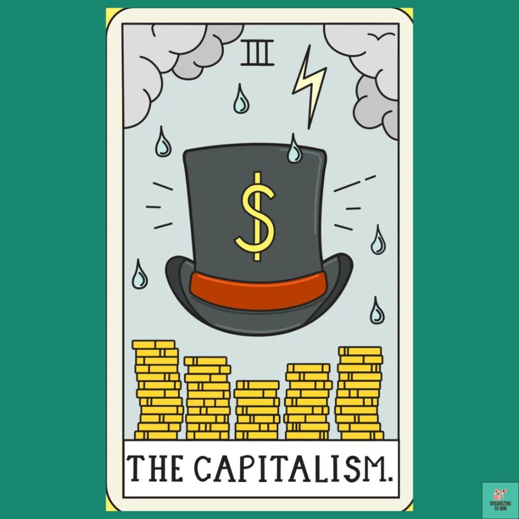 image in the style of a Tarot card. Grey top hat with a dollar sign and red band. Roman number III and a lightning bolt at the top with grey clouds framing the corners. Raindrops fall around the hat. Stacks of golden coins and the words The Capitalism along the bottom.