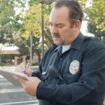 photo of a middle-aged white police officer in uniform writing a ticket.