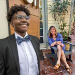 photo of Zekiah Wright, a Black nonbinary person with short twists and glasses, wearing a grey jacket, white shirt and bow tie. Photo of Stephanie Wade, a white trans woman in a blue patterned dress, sitting in a grey Adirondack chair on a brick patio with a palm tree behind her. 