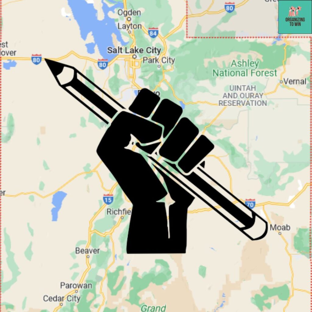 color map of the state of Utah. A silhouette of a fist holding a pencil is superimposed over the map.