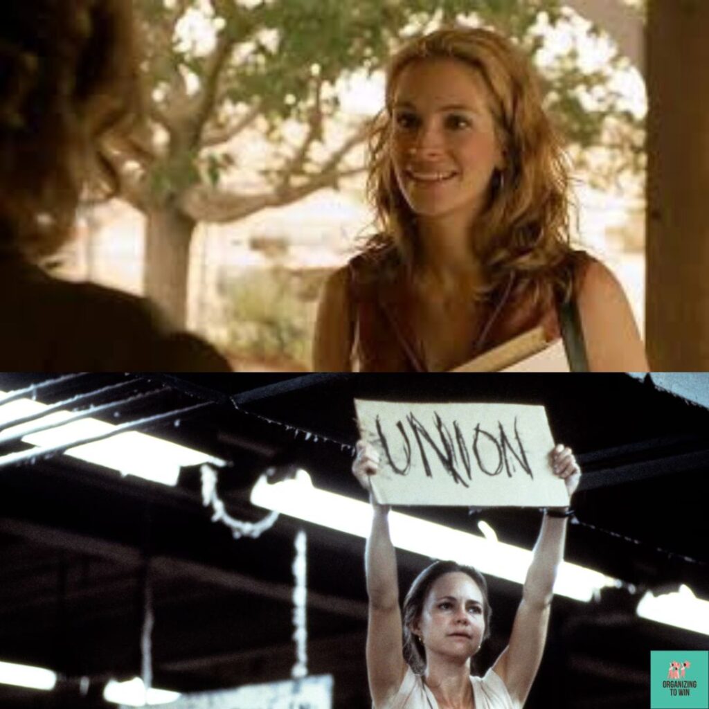 a horizontal mashup of movie photos from Erin Brockovich and Norma Rae. Top level: actor Julia Roberts as Brockovich talking with a neighbor. Bottom level: actor Sally Field as Norma holding a sign reading “Union”