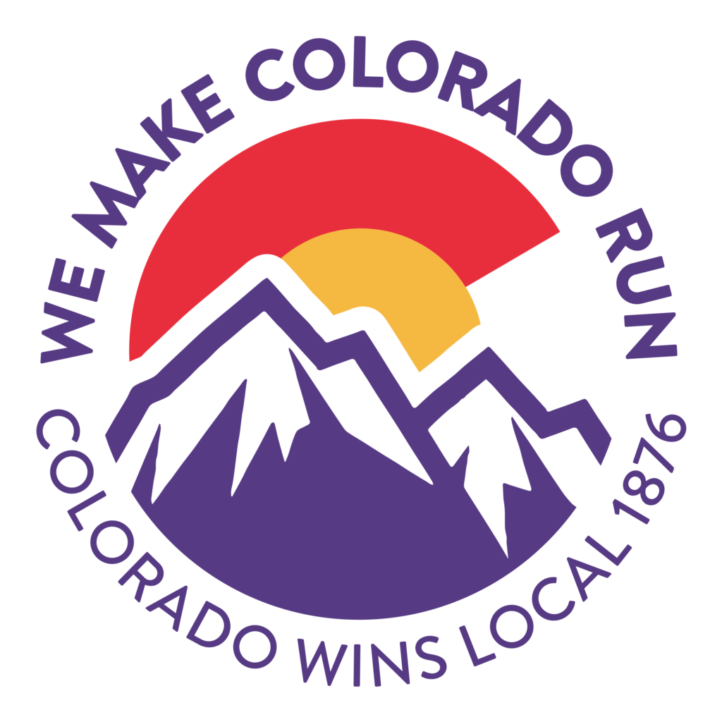 The logo of the organization Colorado Workers for Innovative and New Solutions. A line drawing in purple of the Rocky Mountains, with a rising yellow sun and red border in the background. The words We Make Colorado Run and Colorado WINS local 1876 appear in purple around the drawing.