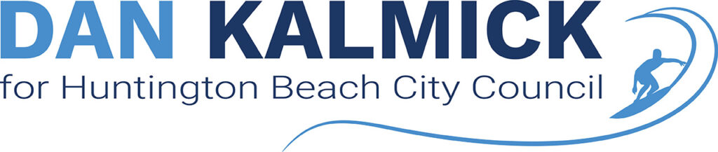 Dan in light blue. Kalmick in dark blue. for Huntington Beach City Council in smaller dark blue letters. a light blue line drawing of a surfer and a wave.