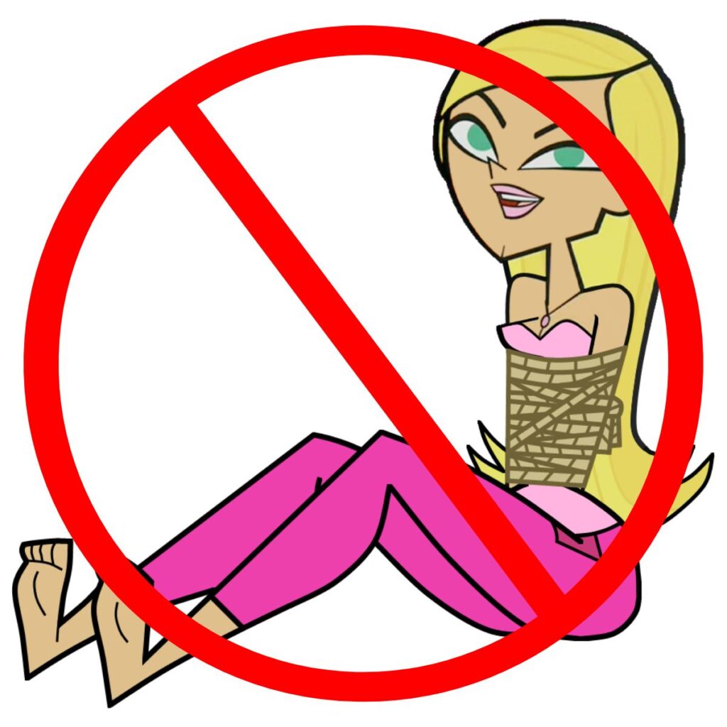 A cartoon drawing of a blond woman bound with ropes with a red circle and slash.