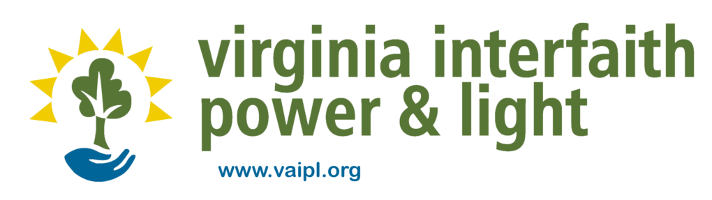 logo of Virginia Interfaith Power and Light, written in green. There's an image of a tree in green, with a halo of yellow triangles to represent the sun, held by a blue hand.