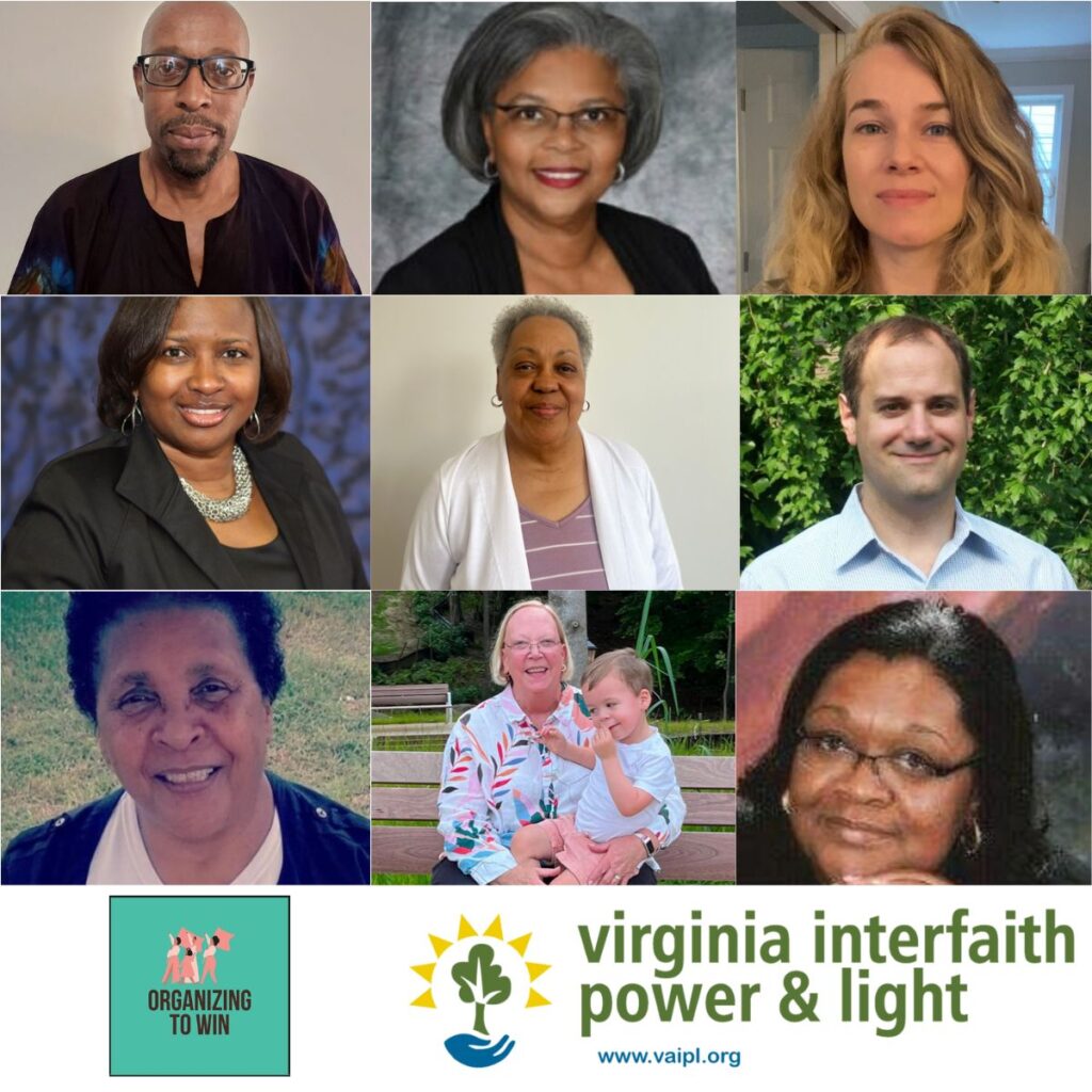 a grid of 9 photos of organizers from Virginia Interfaith Power and Light. The Organizing to Win and VAIPL logos appear below the photos.